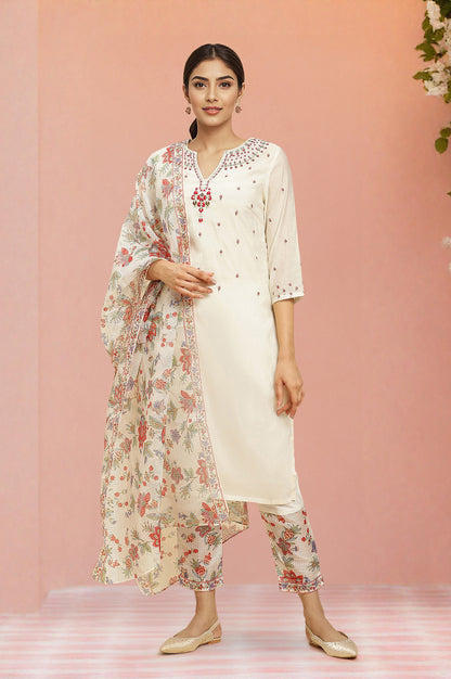 Ecru Chanderi Embroidered Kurta, Slim Pants And Dupatta Set