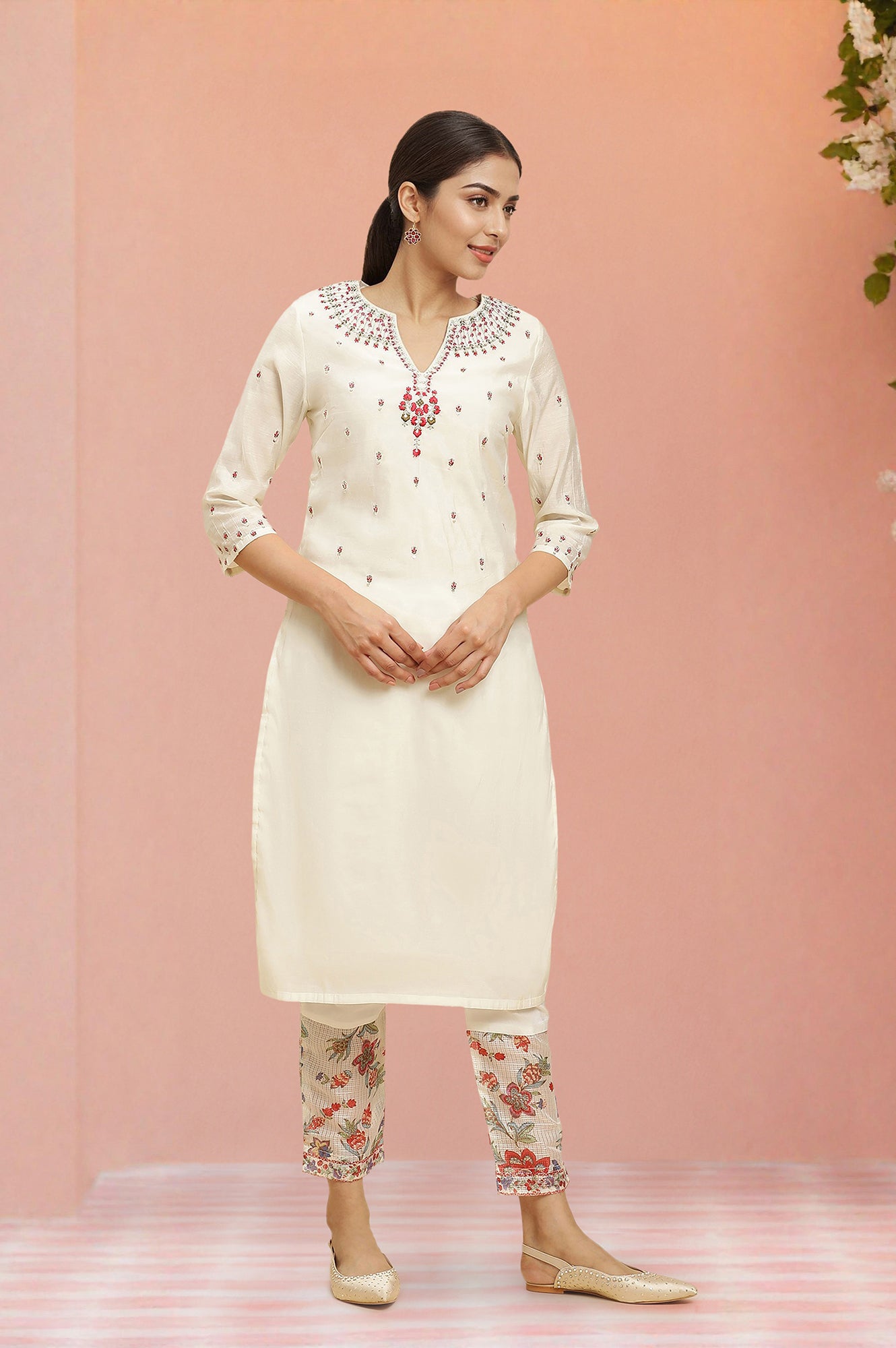 Ecru Chanderi Embroidered Kurta, Slim Pants And Dupatta Set