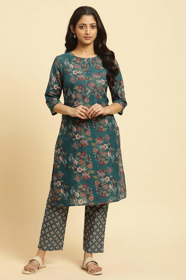 Teal Green Floral Printed Kurta And Pants Set
