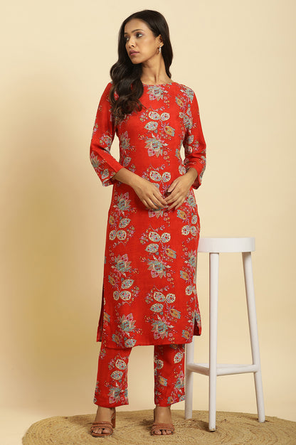 Red Floral Printed Straight Kurta And Straight Pants Co-Ord Set - wforwoman