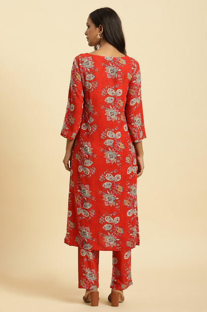 Red Floral Printed Straight Kurta And Straight Pants Co-Ord Set - wforwoman