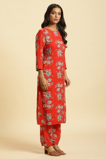 Red Floral Printed Straight Kurta And Straight Pants Co-Ord Set - wforwoman