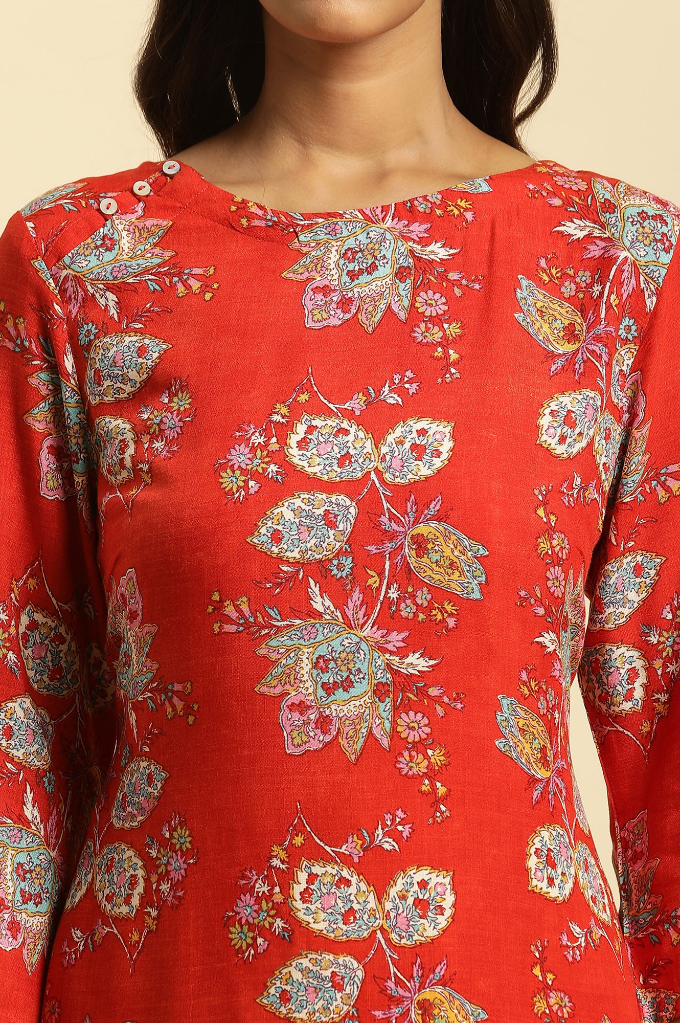 Red Floral Printed Straight Kurta And Straight Pants Co-Ord Set - wforwoman