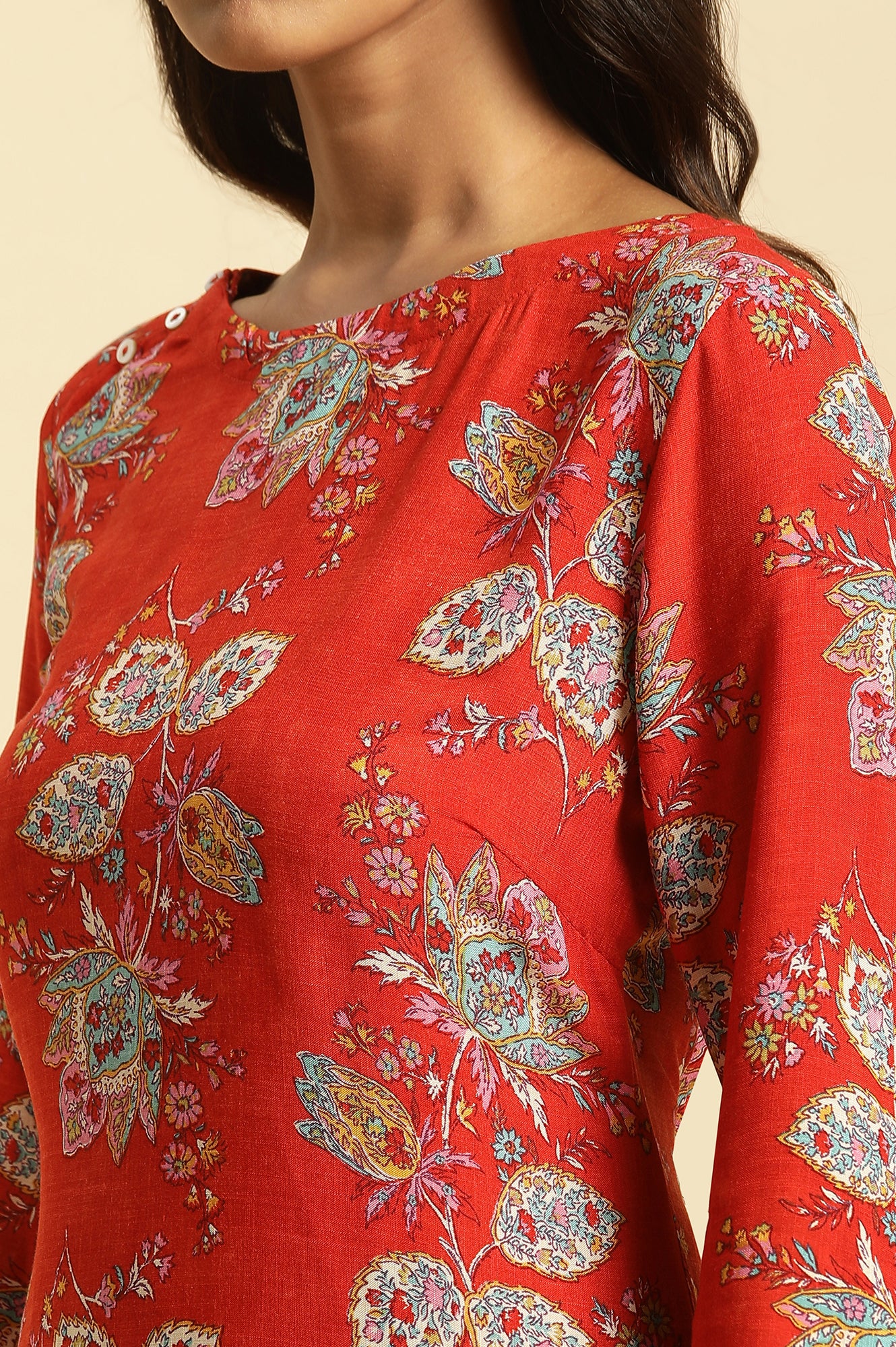 Red Floral Printed Straight Kurta And Straight Pants Co-Ord Set - wforwoman