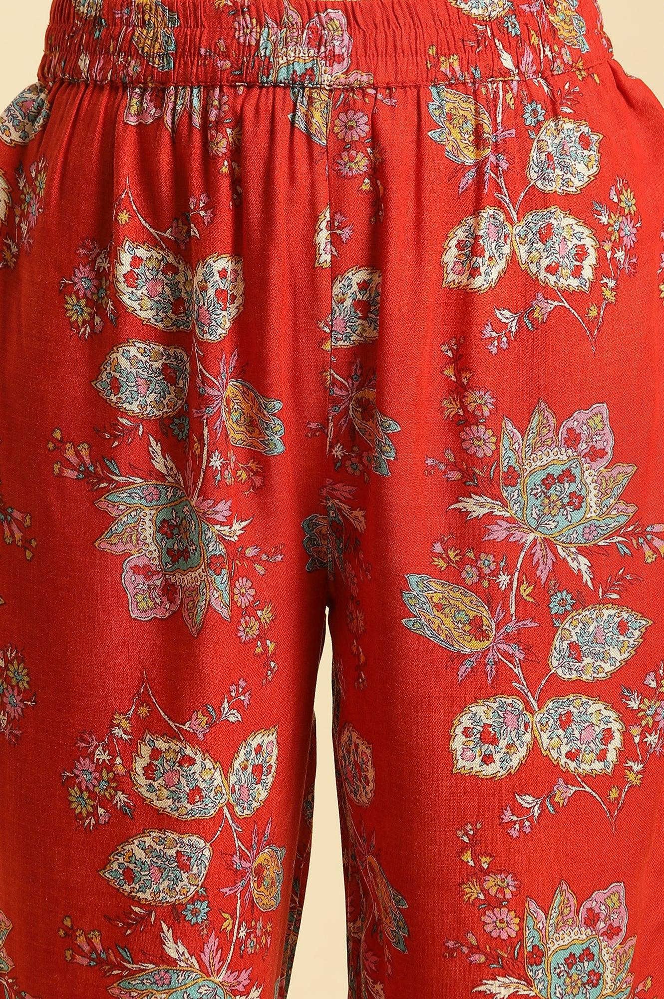 Red Floral Printed Straight Kurta And Straight Pants Co-Ord Set - wforwoman