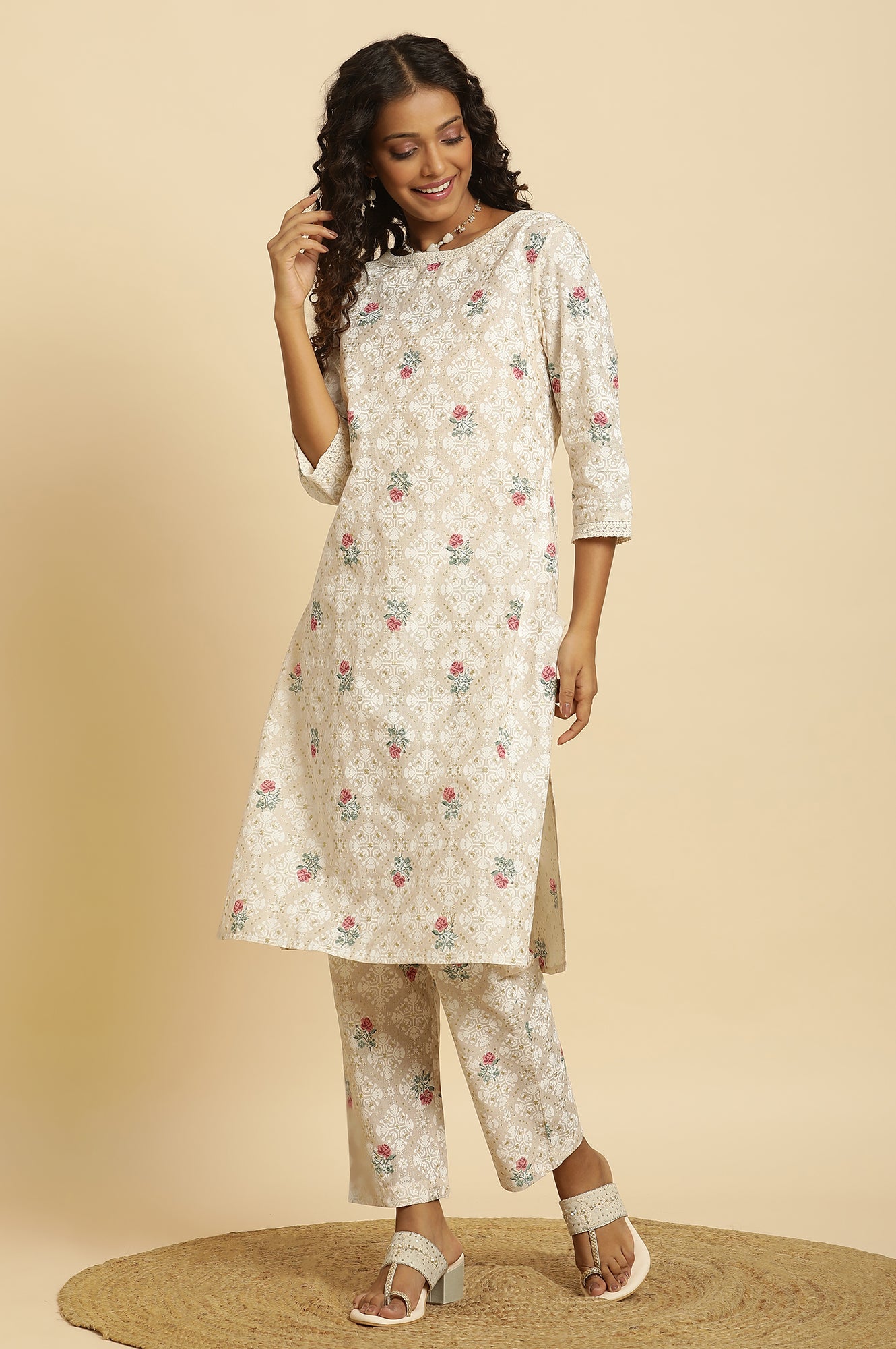 Beige Glitter Printed Kurta And Straight Pants Set - wforwoman