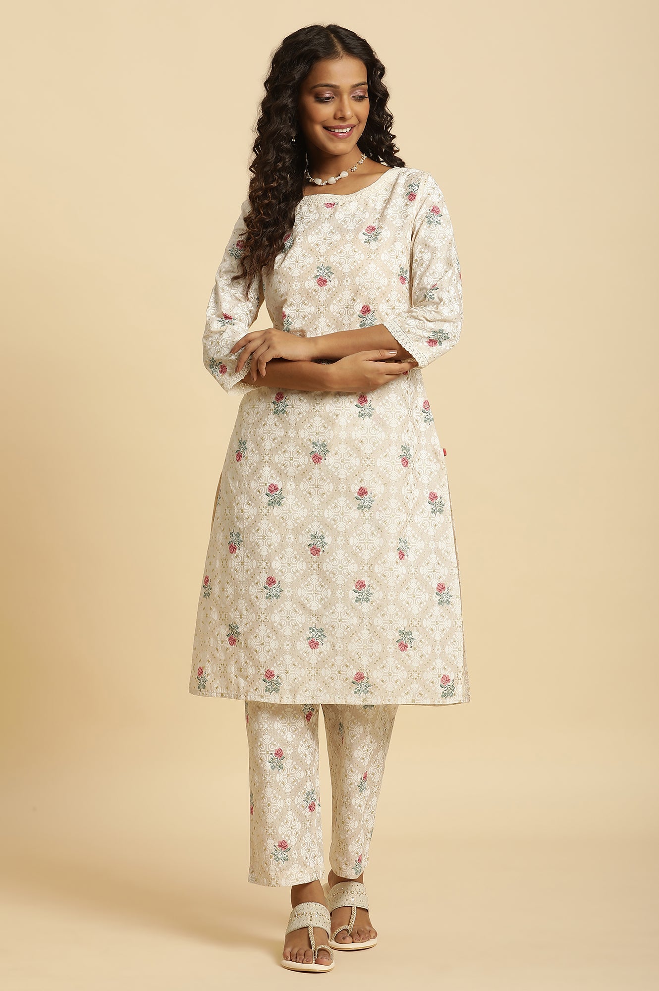 Beige Glitter Printed Kurta And Straight Pants Set - wforwoman