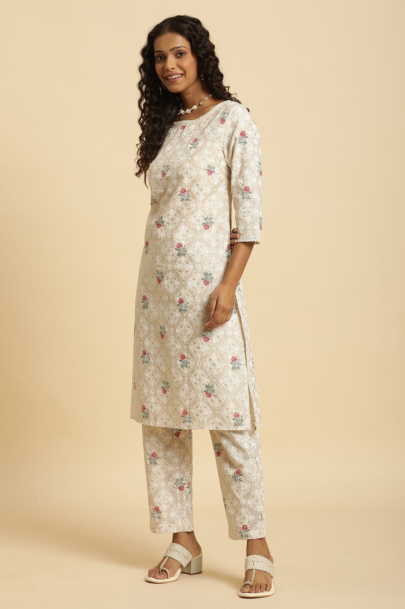 Beige Glitter Printed Kurta And Straight Pants Set - wforwoman