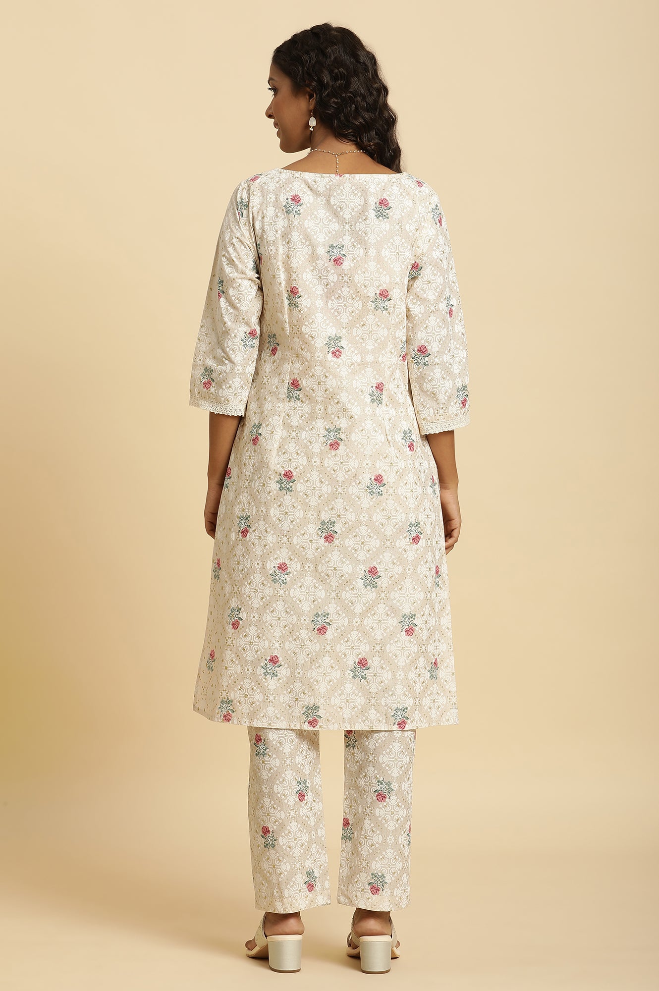 Beige Glitter Printed Kurta And Straight Pants Set - wforwoman