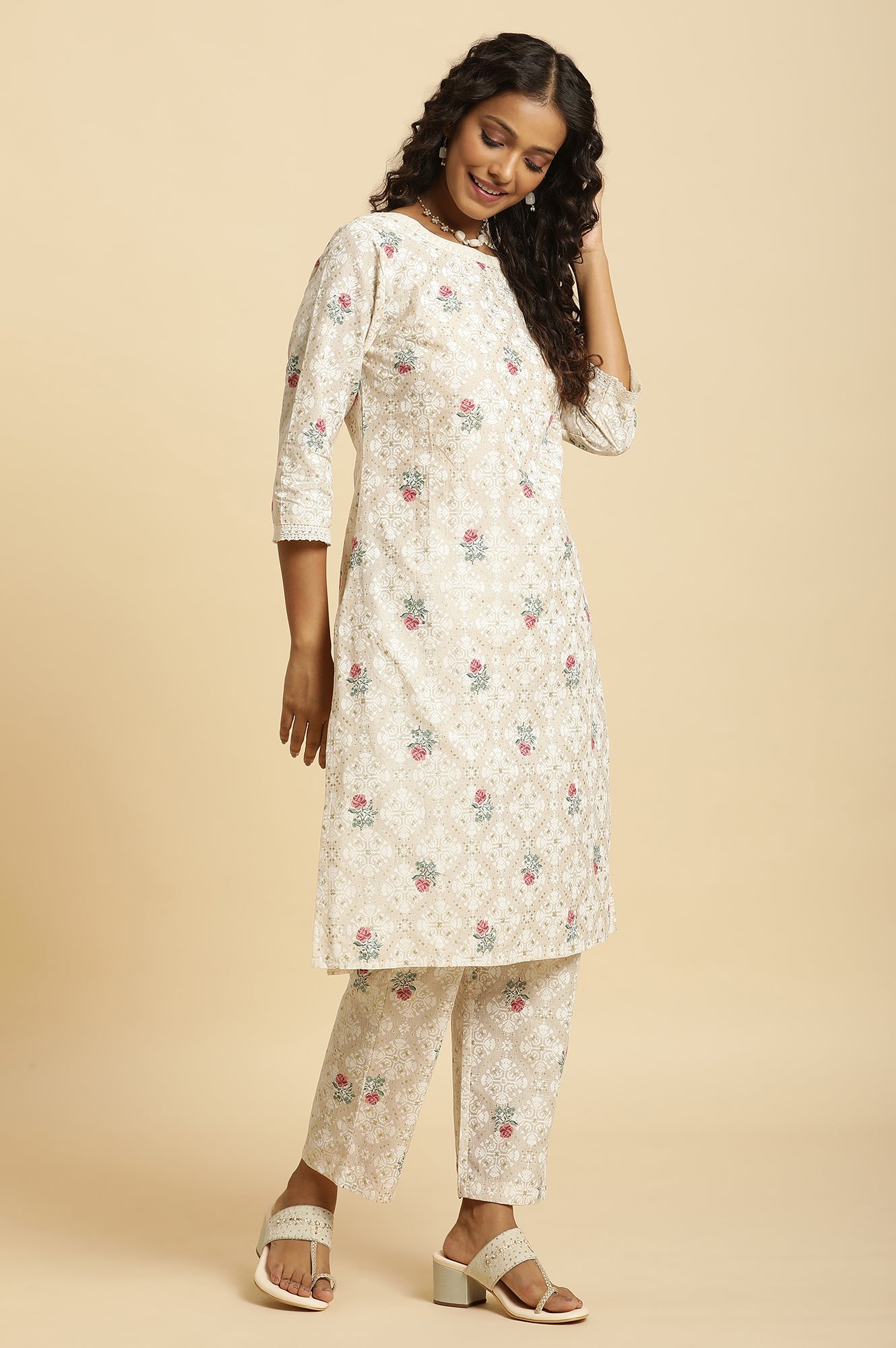 Beige Glitter Printed Kurta And Straight Pants Set - wforwoman