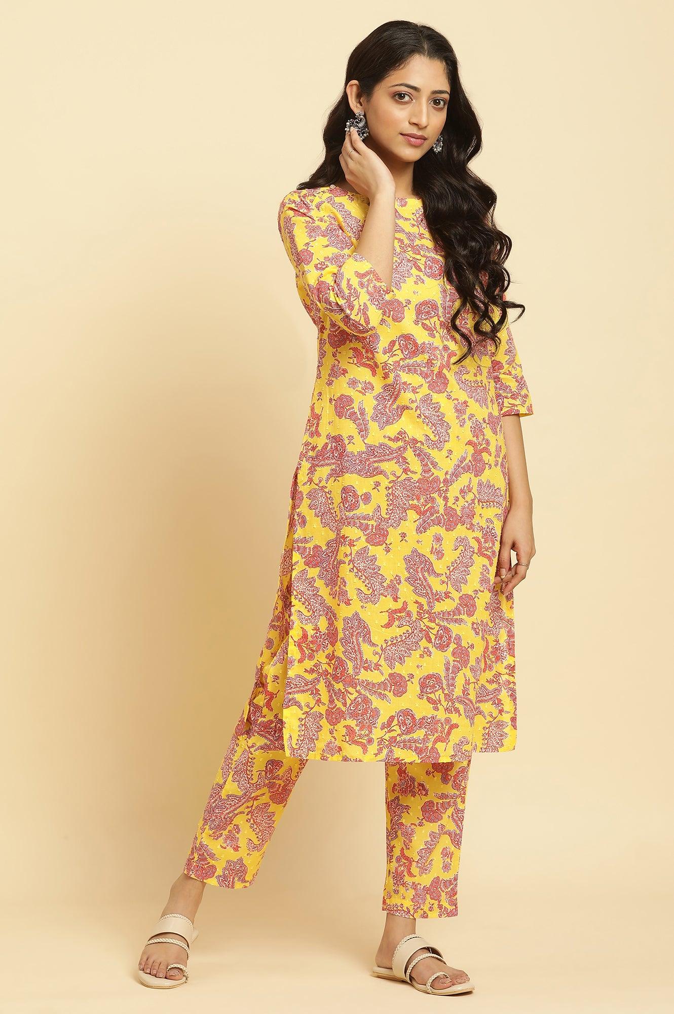 Yellow Floral Printed Cotton Kurta And Pants Co-Ord Set - wforwoman