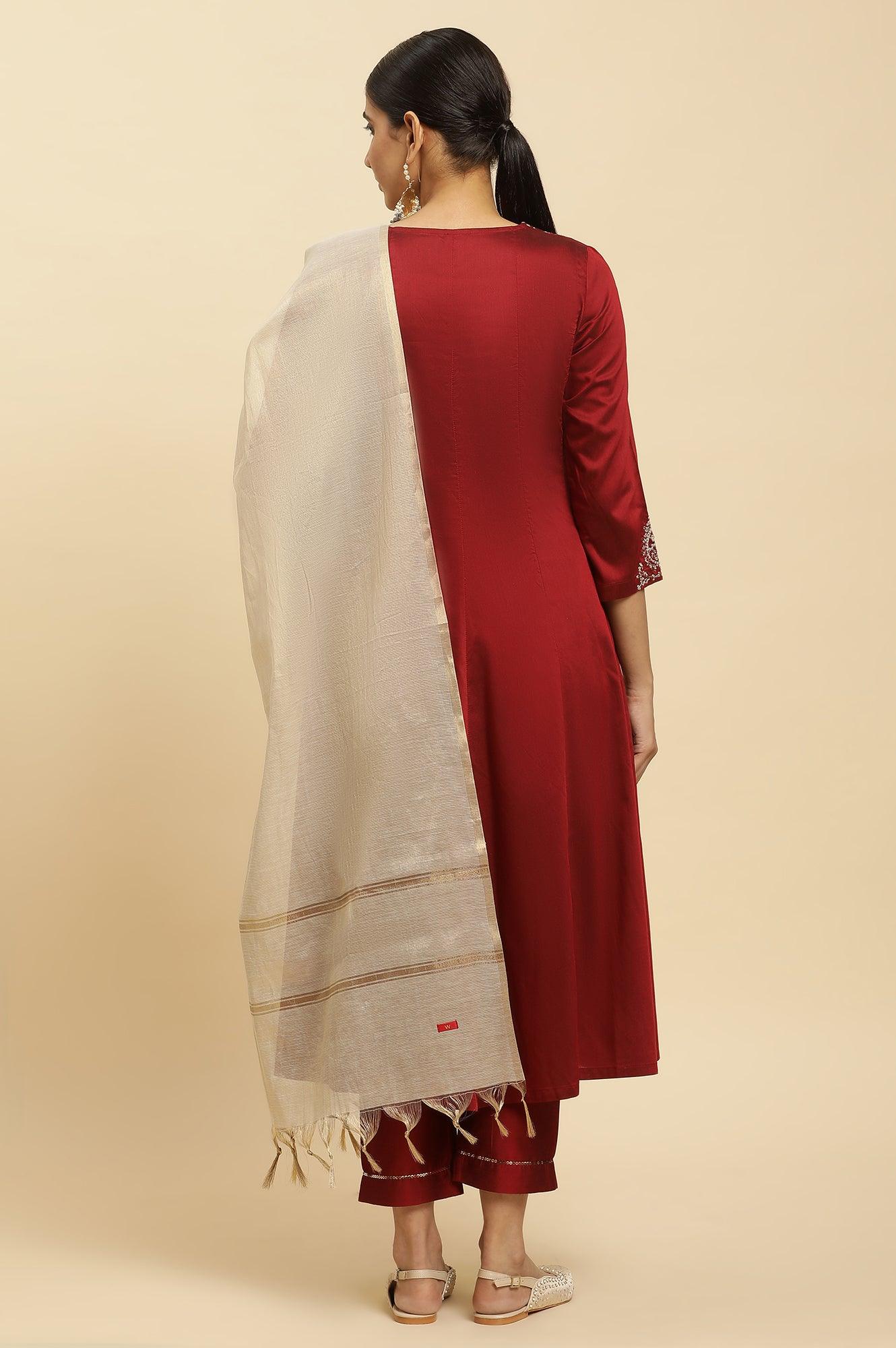 Red Panelled Embroidered Kurta, Slim Pants And Dupatta Set - wforwoman