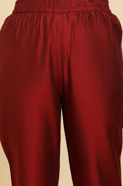 Red Panelled Embroidered Kurta, Slim Pants And Dupatta Set - wforwoman