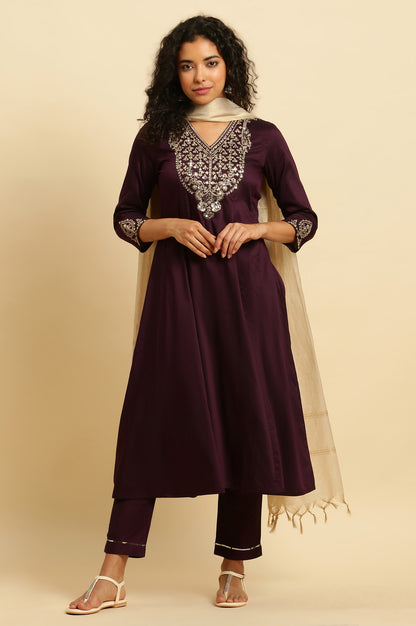 Purple Panelled Embroidered Kurta, Slim Pants And Dupatta Set - wforwoman