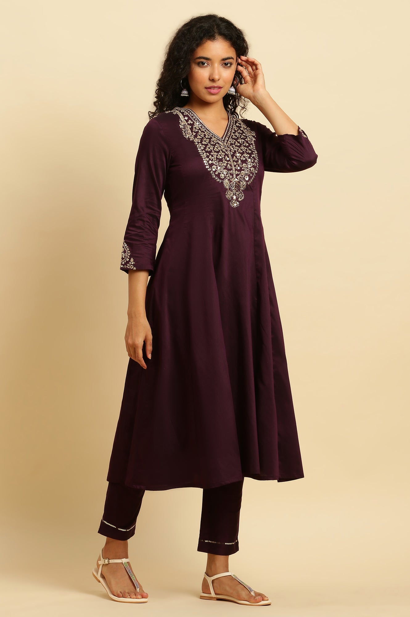 Purple Panelled Embroidered Kurta, Slim Pants And Dupatta Set - wforwoman