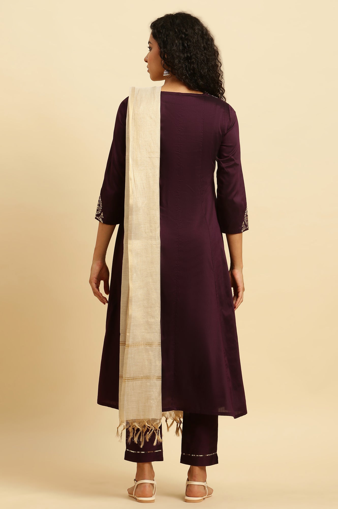 Purple Panelled Embroidered Kurta, Slim Pants And Dupatta Set - wforwoman