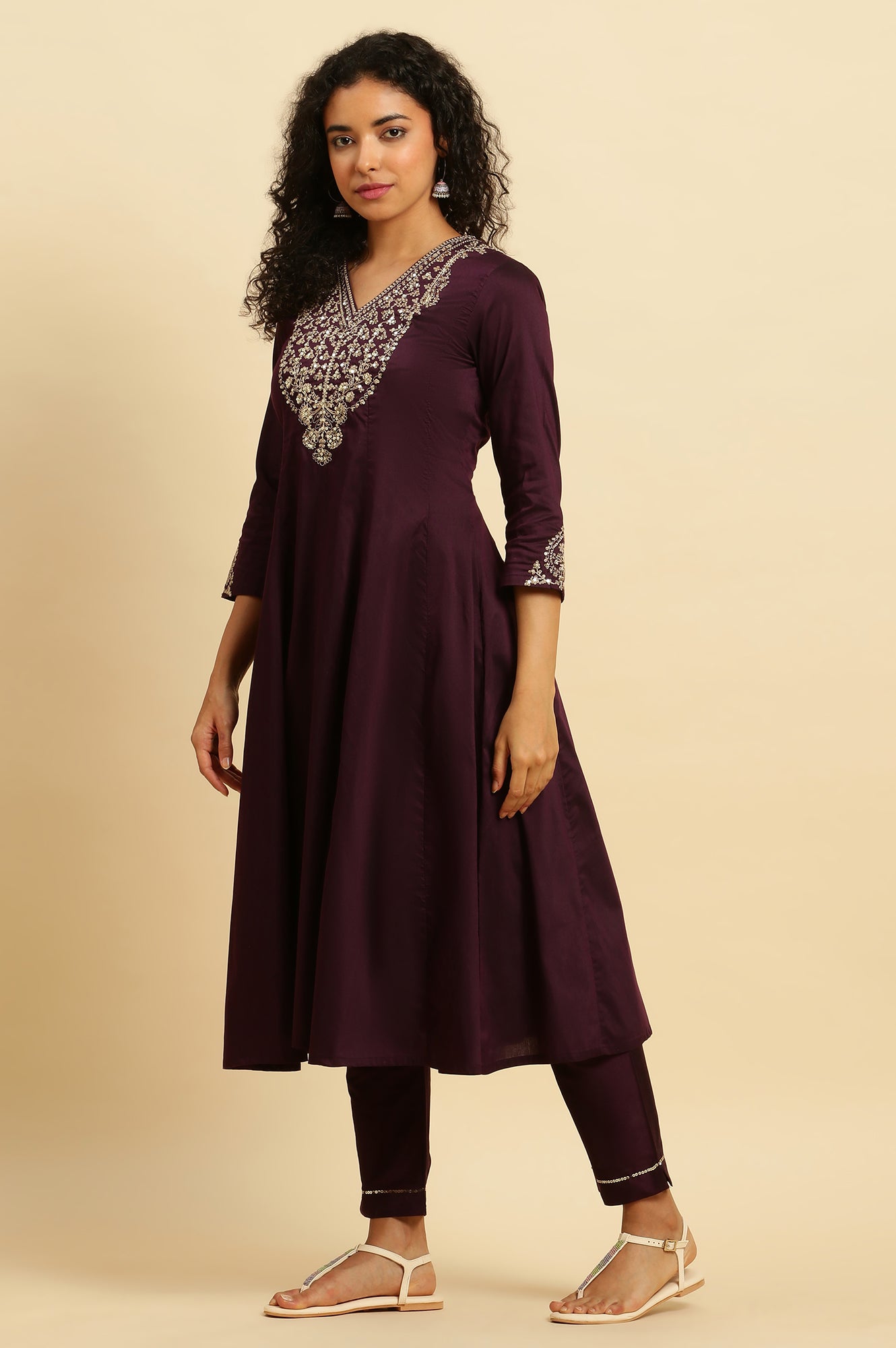 Purple Panelled Embroidered Kurta, Slim Pants And Dupatta Set - wforwoman