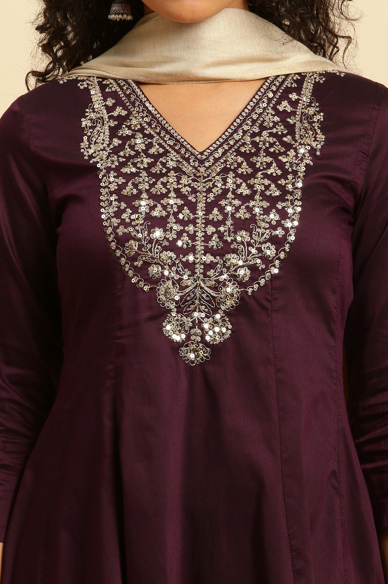 Purple Panelled Embroidered Kurta, Slim Pants And Dupatta Set - wforwoman