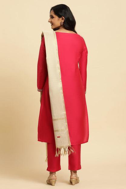 Pink Zari Embroidered Straight Kurta, Pant And Dupatta Set - wforwoman