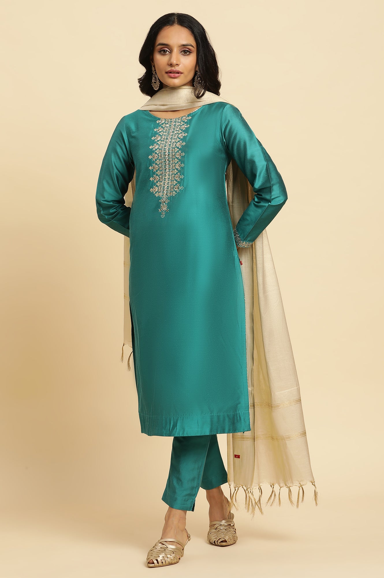 Teal Blue Zari Embroidered Straight Kurta, Pant And Dupatta Set - wforwoman