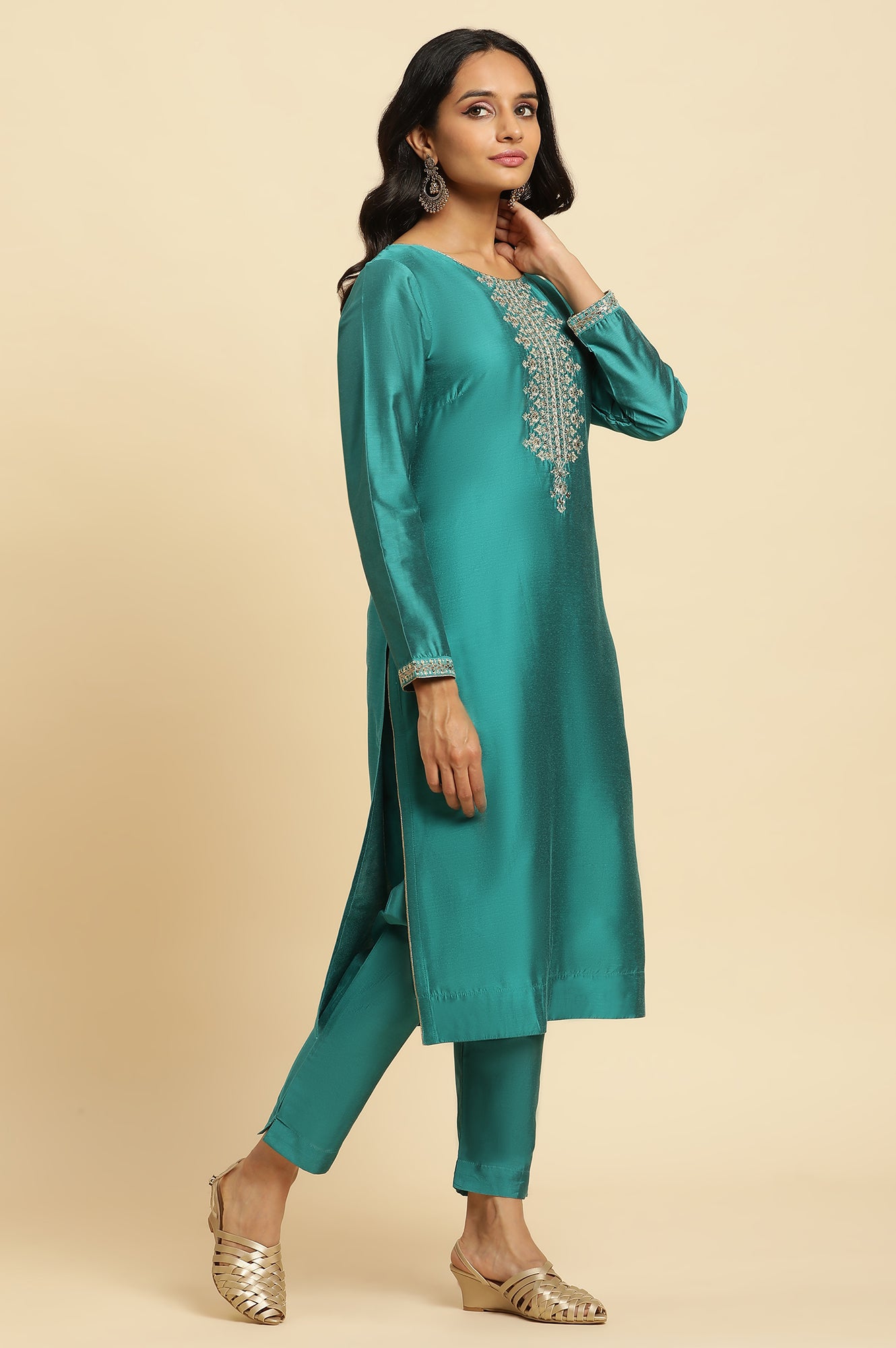 Teal Blue Zari Embroidered Straight Kurta, Pant And Dupatta Set - wforwoman