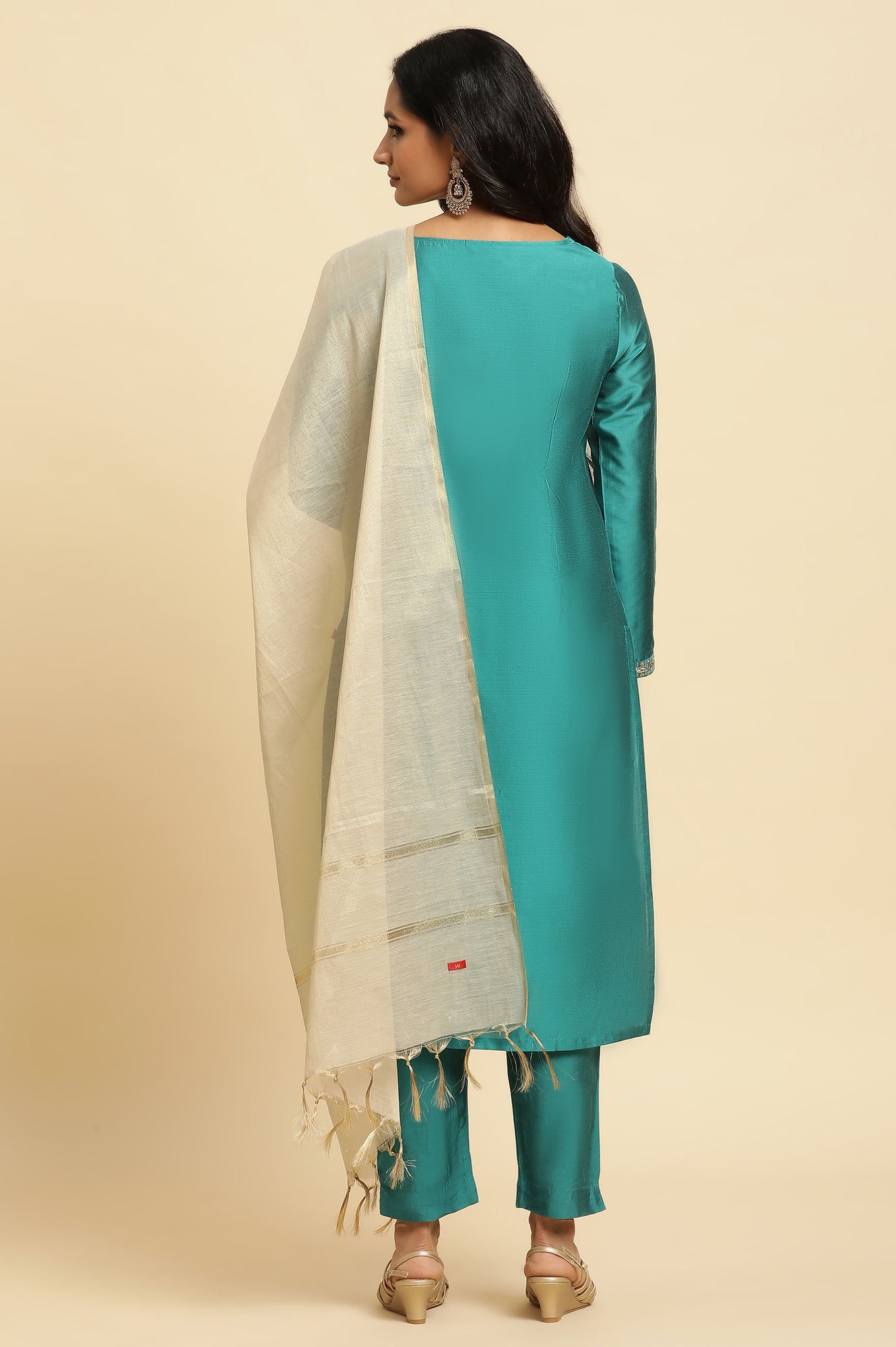 Teal Blue Zari Embroidered Straight Kurta, Pant And Dupatta Set - wforwoman