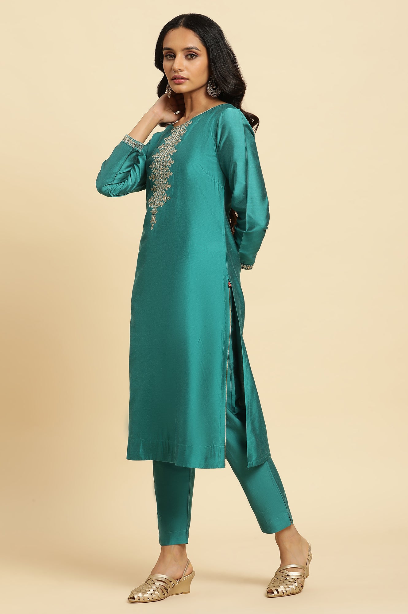 Teal Blue Zari Embroidered Straight Kurta, Pant And Dupatta Set - wforwoman