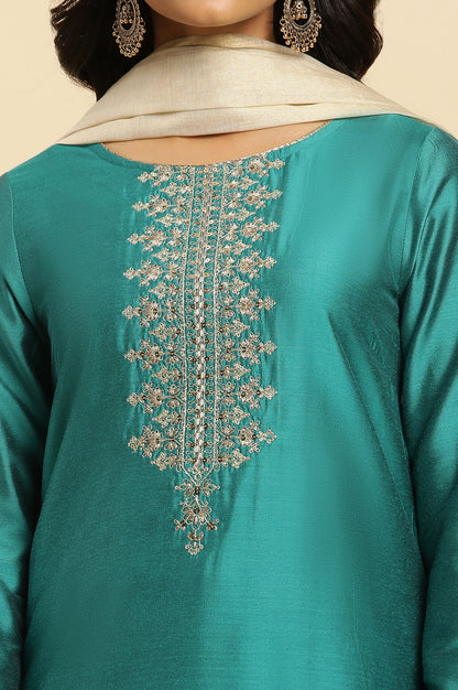 Teal Blue Zari Embroidered Straight Kurta, Pant And Dupatta Set - wforwoman