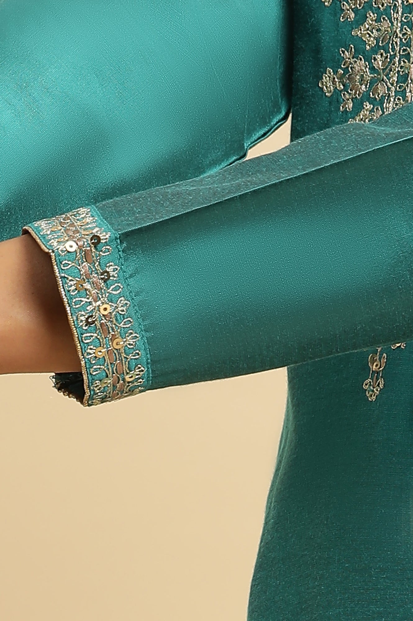 Teal Blue Zari Embroidered Straight Kurta, Pant And Dupatta Set - wforwoman