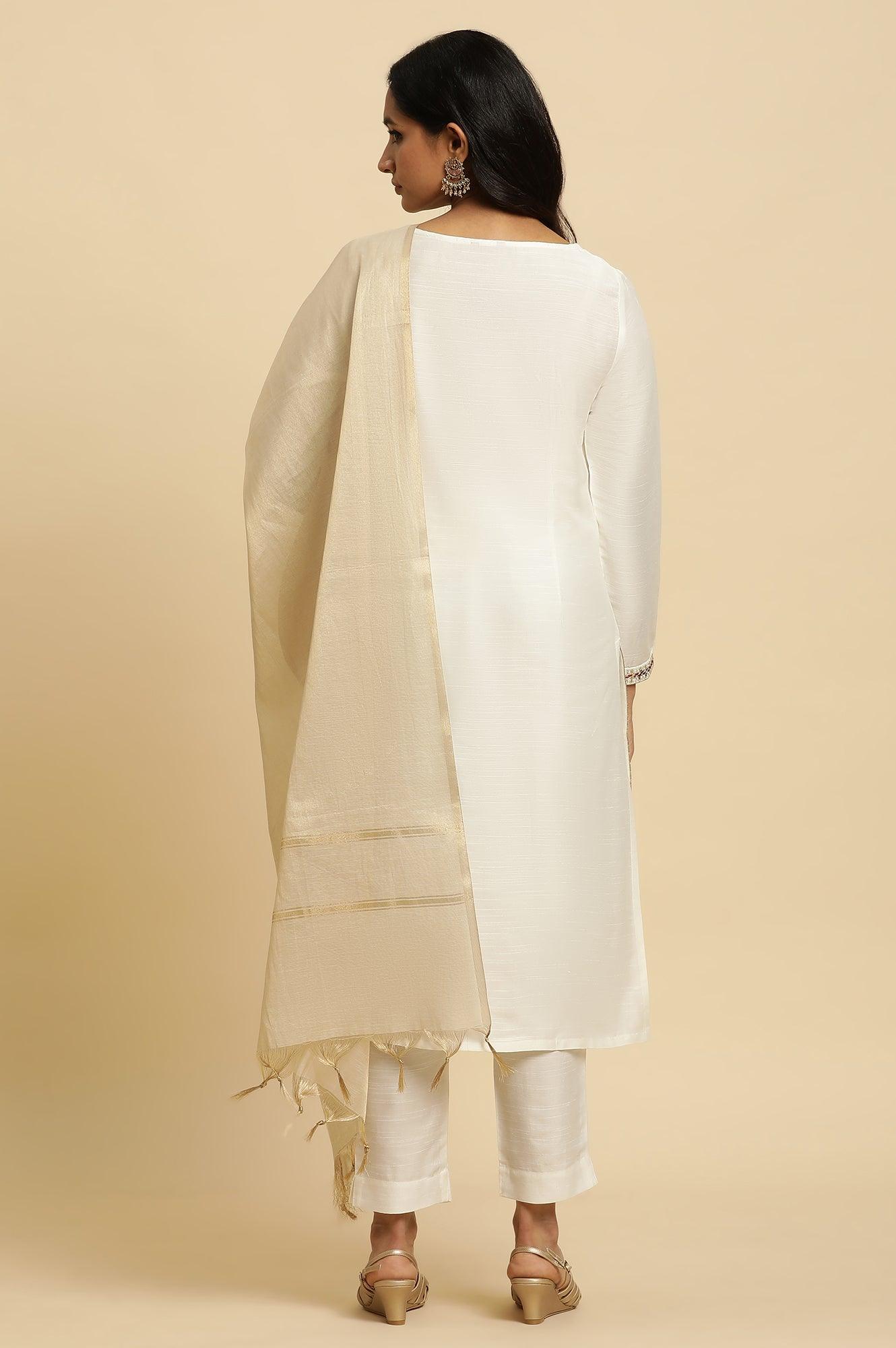 Ivory Zari Embroidered Straight Kurta, Pant And Dupatta Set - wforwoman