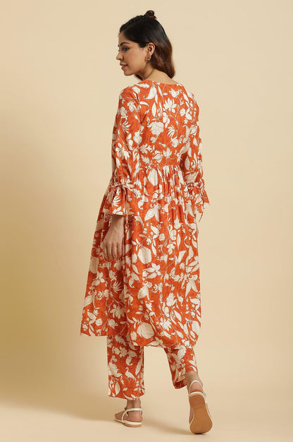 Dark Orange Floral Printed Kurta &amp; Pants Co-Ord Set - wforwoman