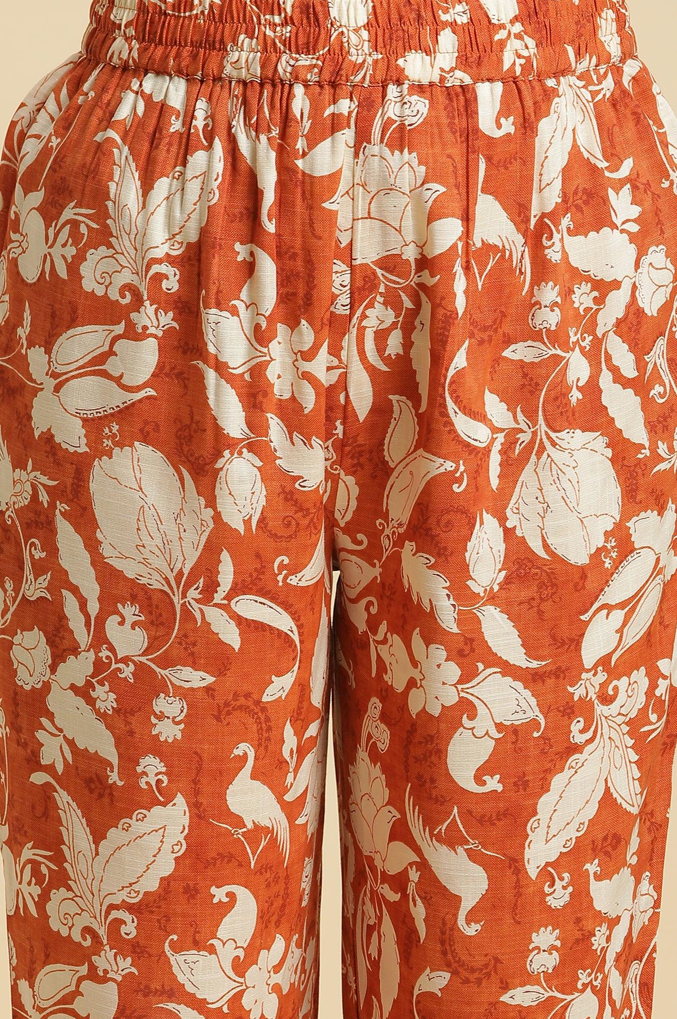 Dark Orange Floral Printed Kurta &amp; Pants Co-Ord Set - wforwoman