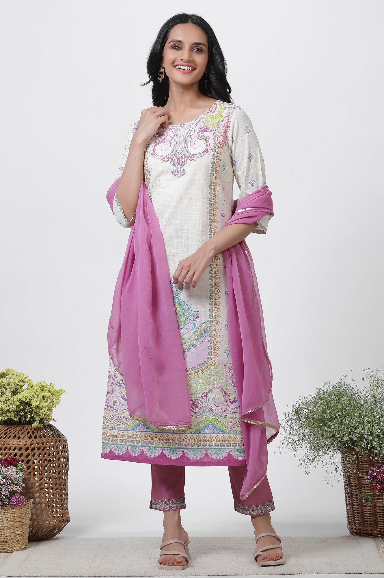 White Printed Straight Kurta, Pants And Dupatta Set