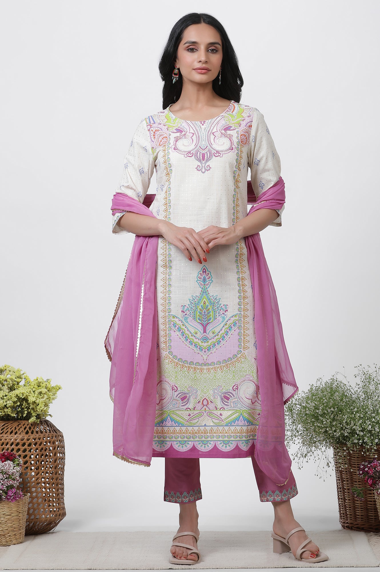 White Printed Straight Kurta, Pants And Dupatta Set