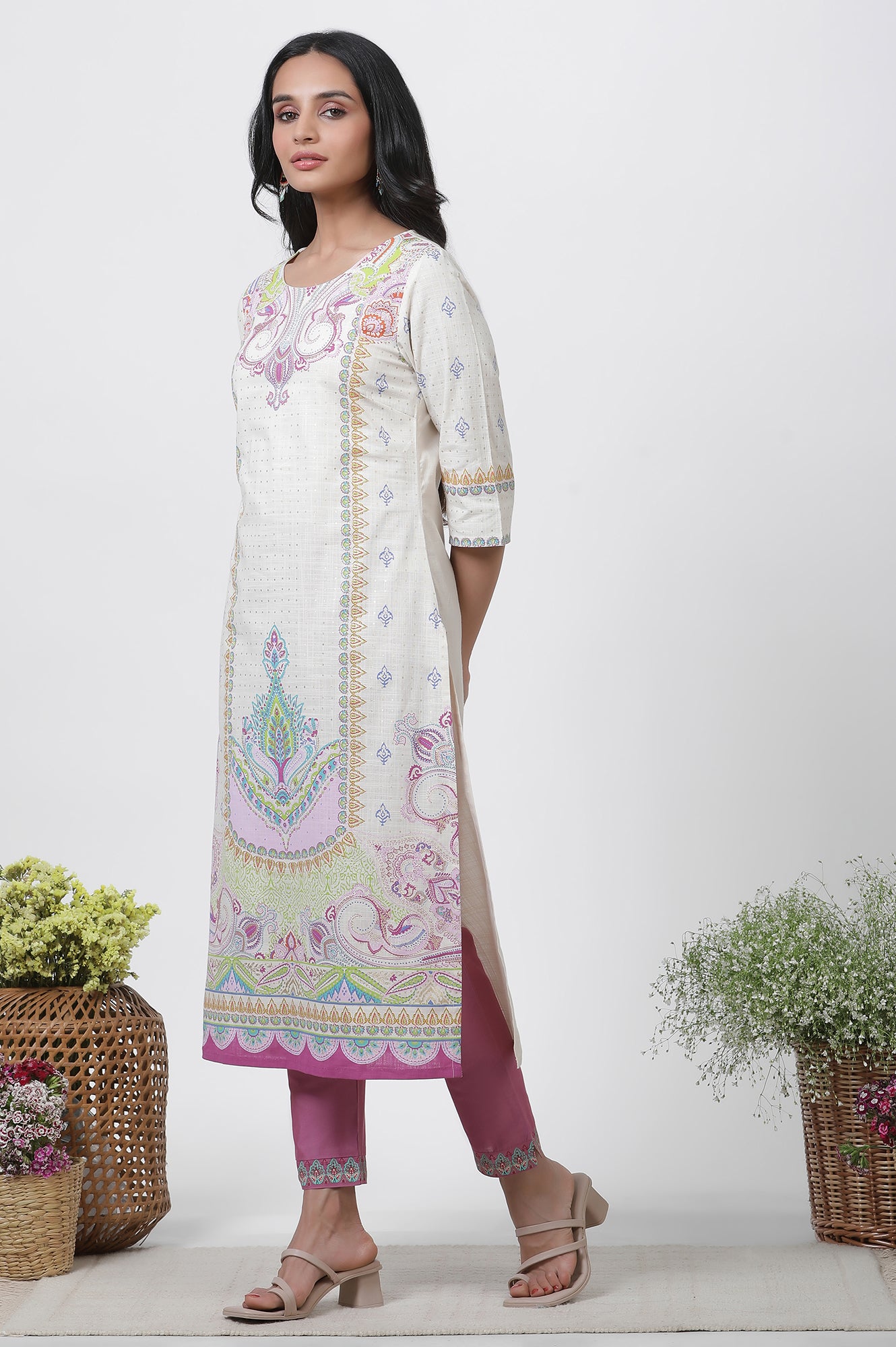 White Printed Straight Kurta, Pants And Dupatta Set