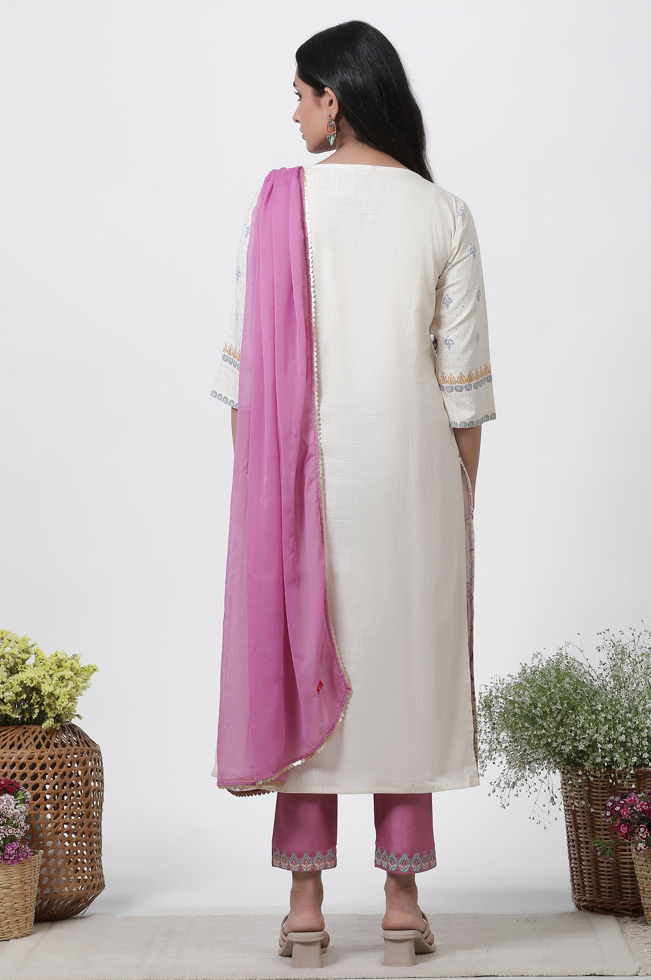 White Printed Straight Kurta, Pants And Dupatta Set