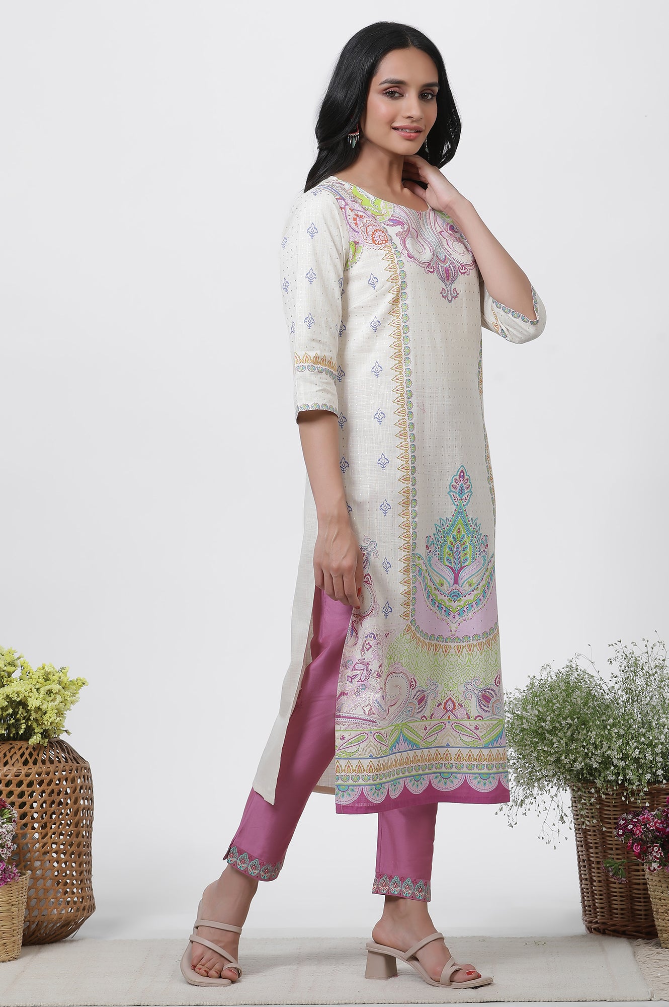 White Printed Straight Kurta, Pants And Dupatta Set