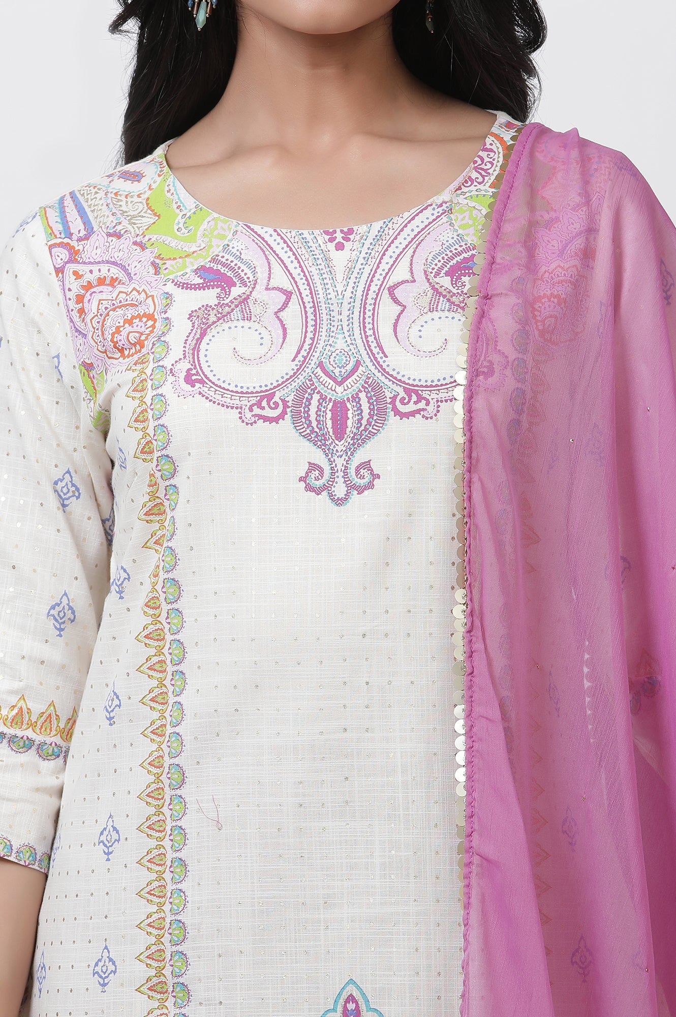 White Printed Straight Kurta, Pants And Dupatta Set