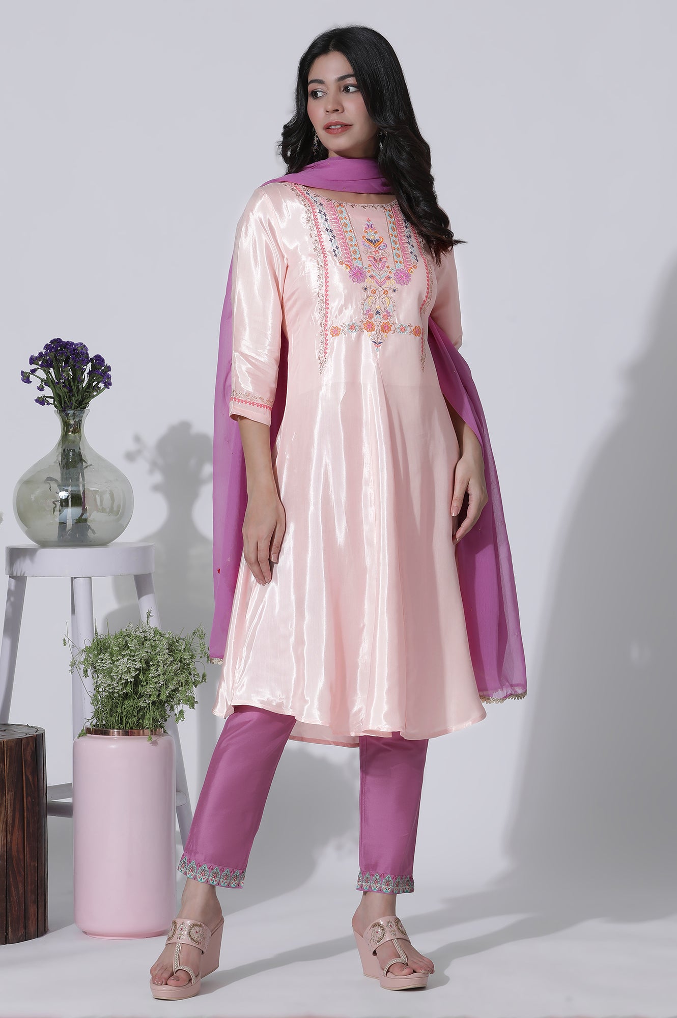 Peach Embroidered Shantung Kurta, Slim Pants With Chiffon Dupatta Set