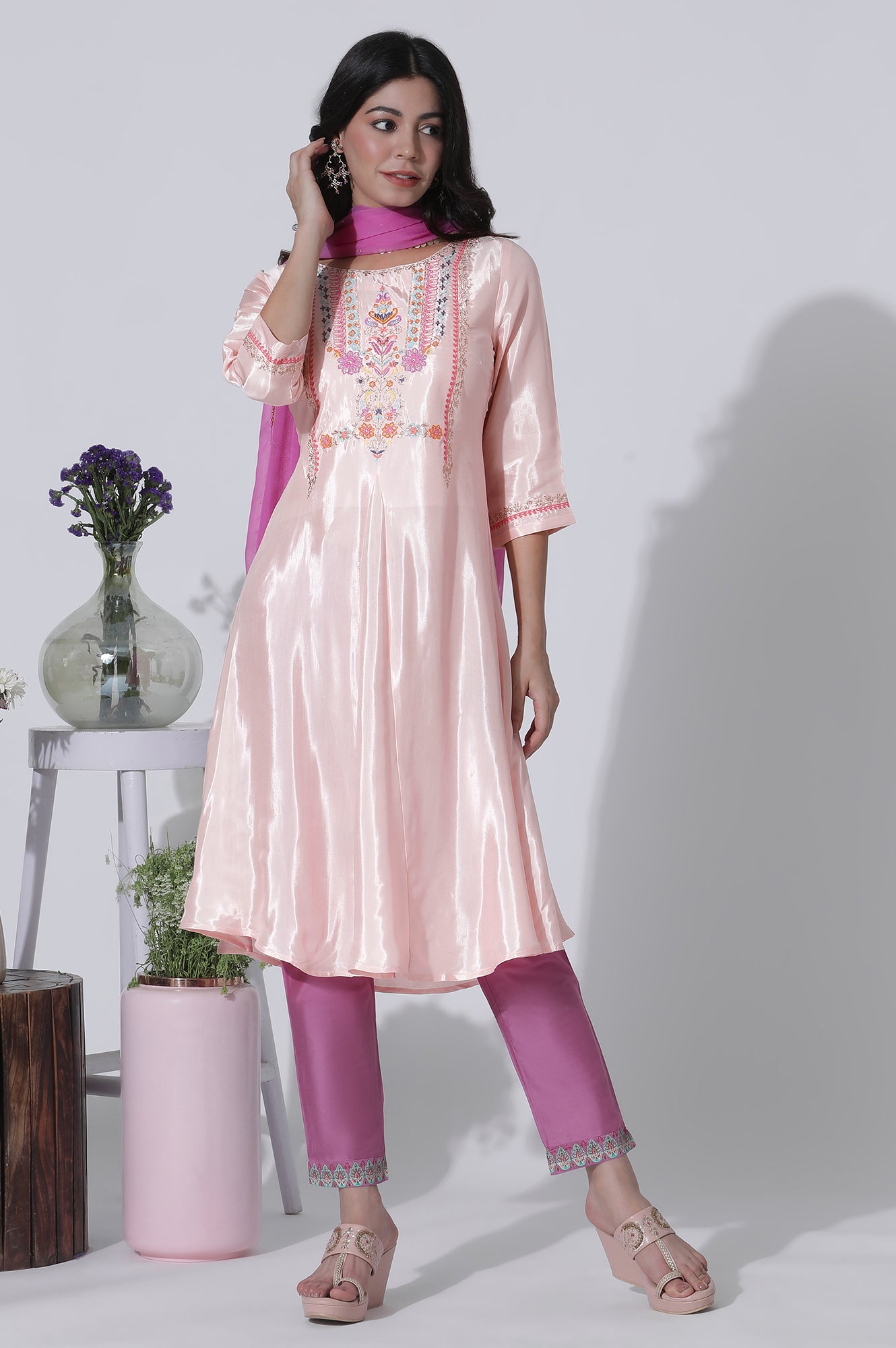 Peach Embroidered Shantung Kurta, Slim Pants With Chiffon Dupatta Set