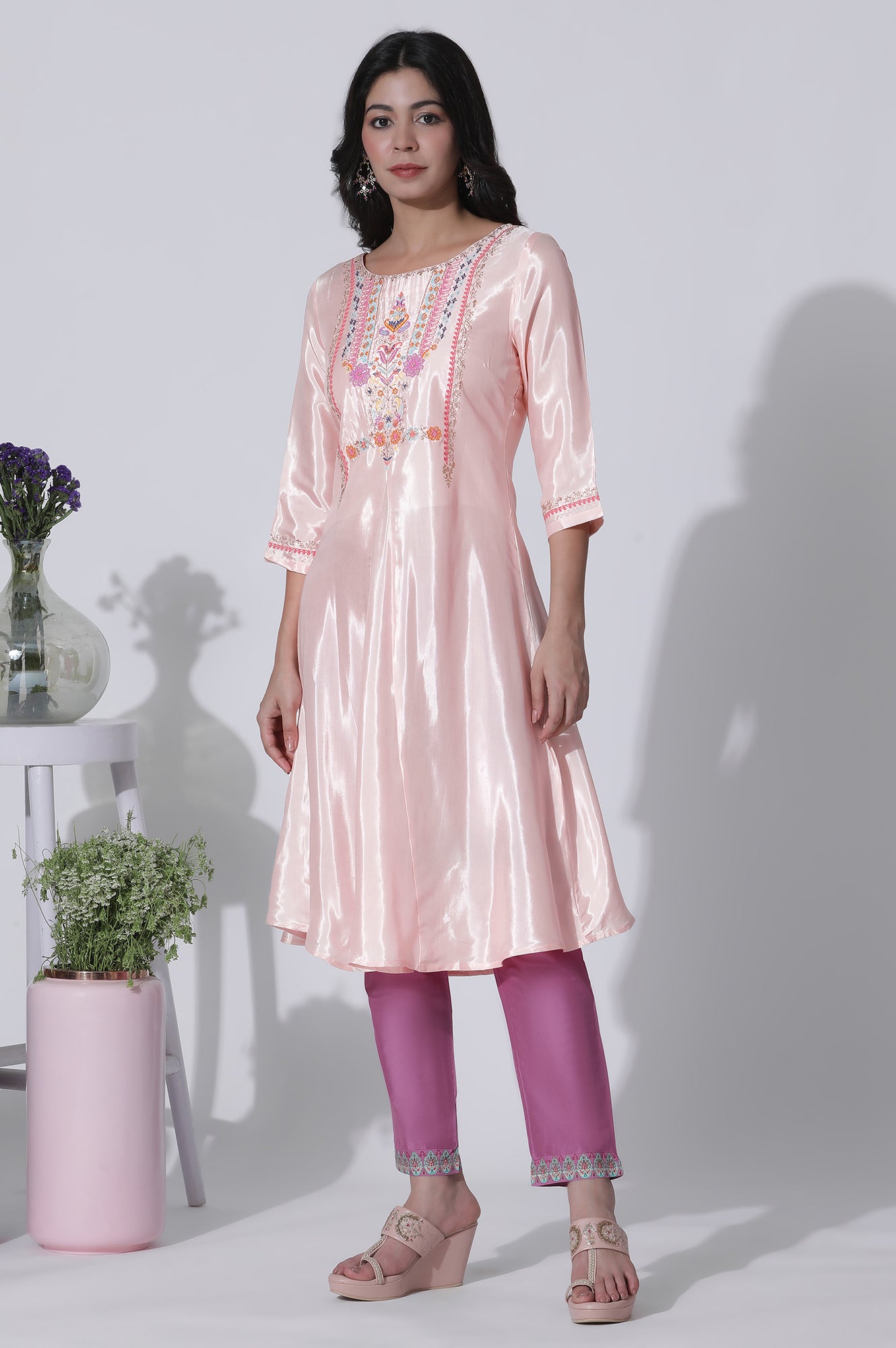 Peach Embroidered Shantung Kurta, Slim Pants With Chiffon Dupatta Set