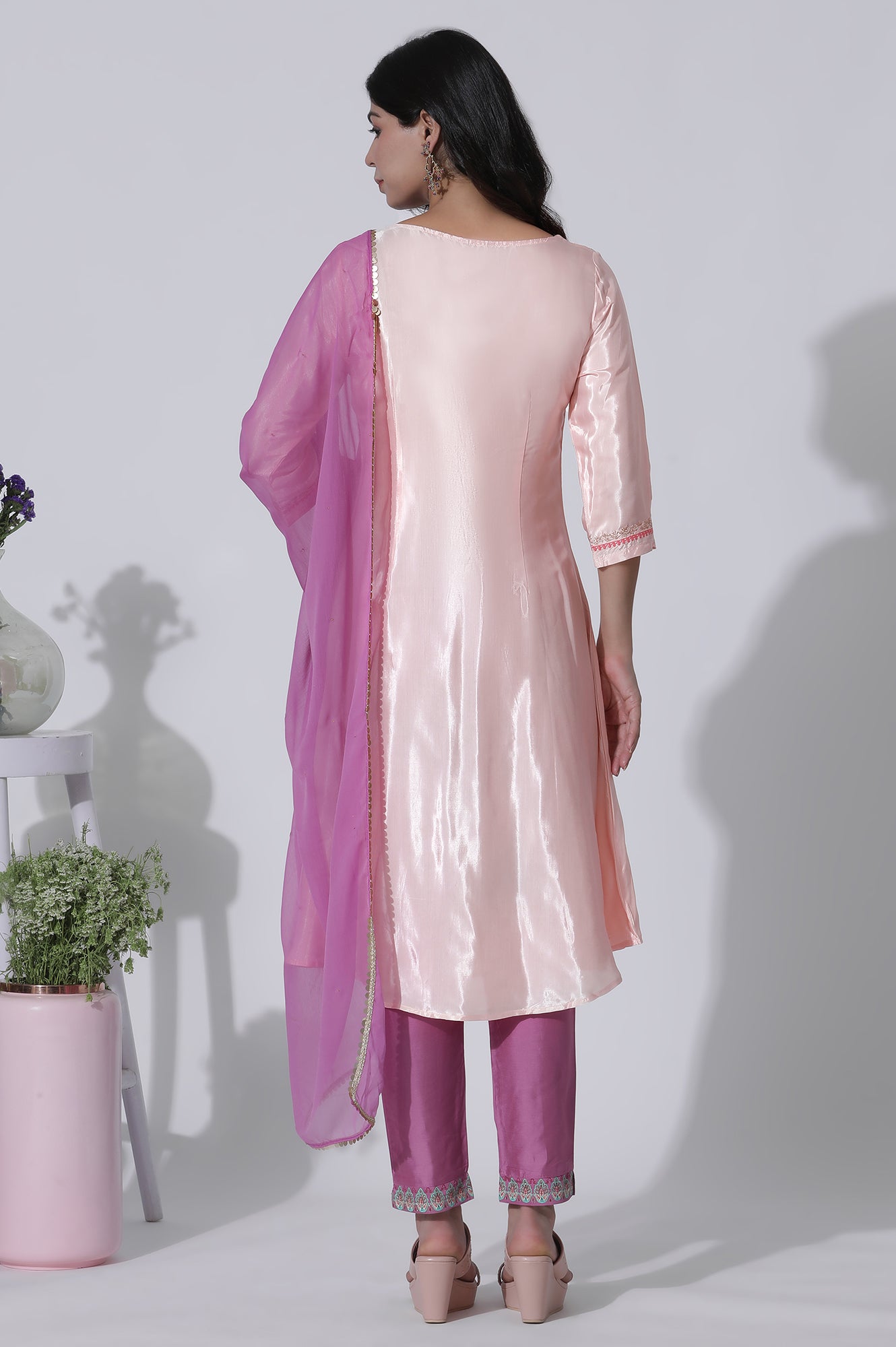 Peach Embroidered Shantung Kurta, Slim Pants With Chiffon Dupatta Set