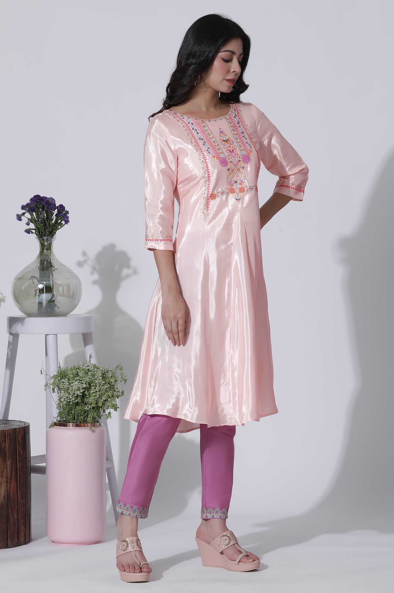 Peach Embroidered Shantung Kurta, Slim Pants With Chiffon Dupatta Set