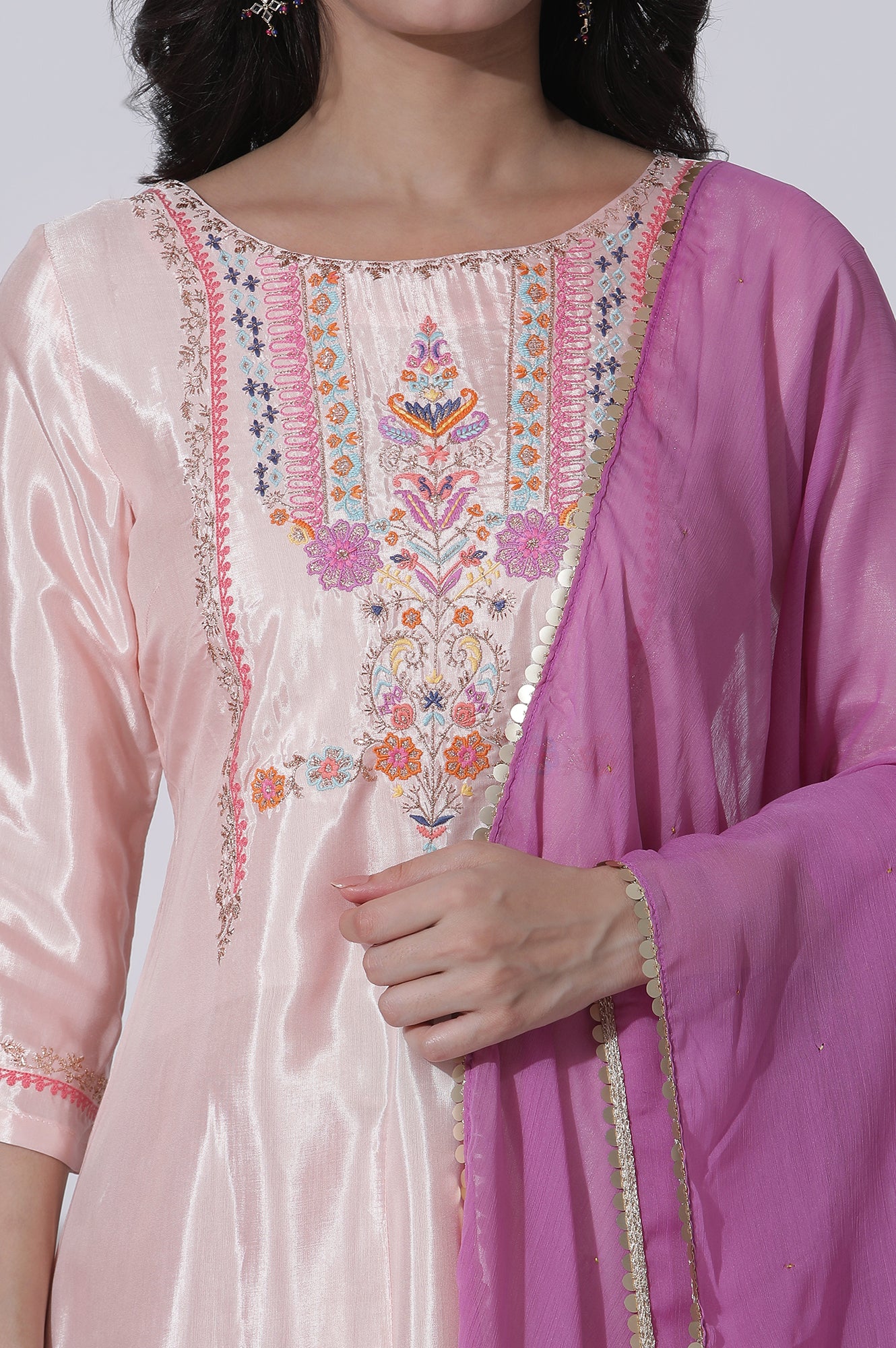 Peach Embroidered Shantung Kurta, Slim Pants With Chiffon Dupatta Set