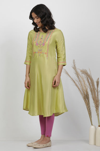 Green Embroidered Shantung Kurta, Pants And Dupatta Set