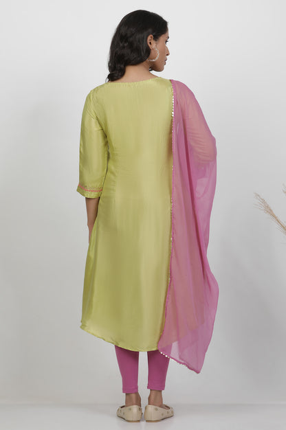 Green Embroidered Shantung Kurta, Pants And Dupatta Set