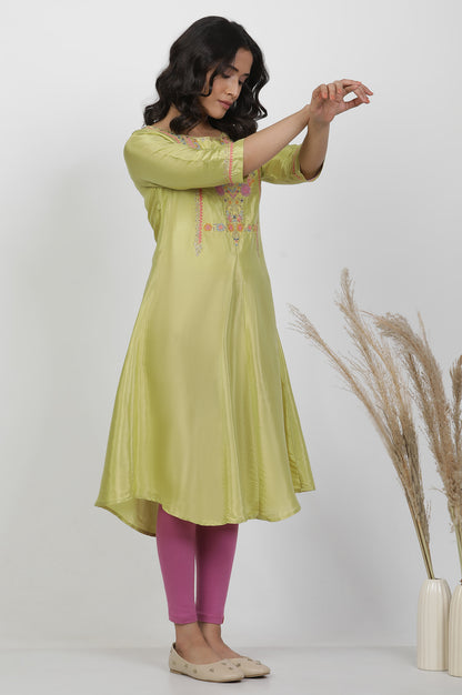 Green Embroidered Shantung Kurta, Pants And Dupatta Set