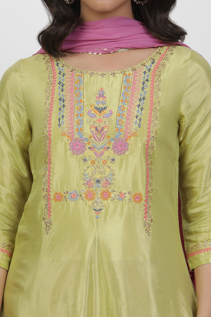 Green Embroidered Shantung Kurta, Pants And Dupatta Set