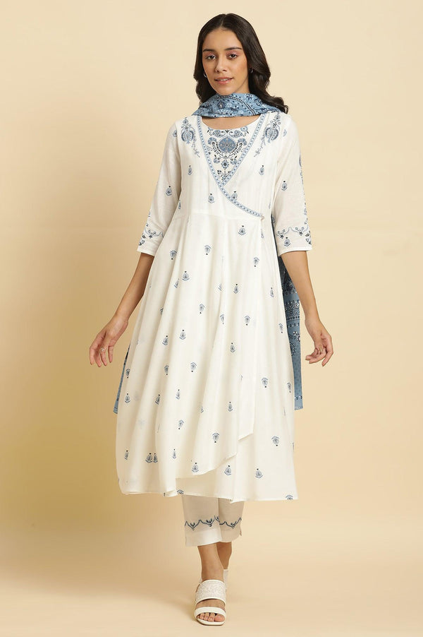 White Panelled Mock Angrakha Kurta, Pants & Dupatta Set