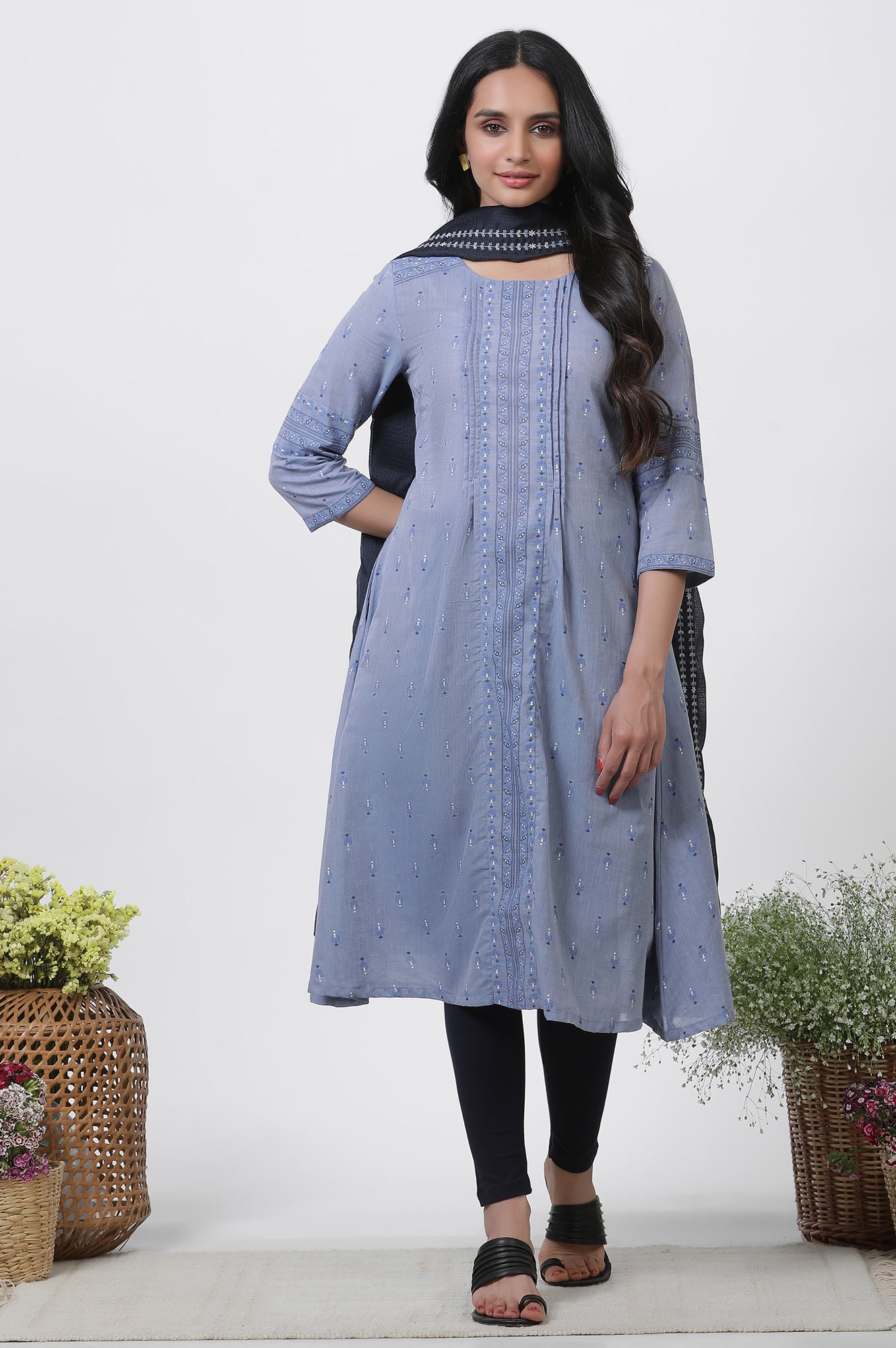 Blue A-Line Printed Kurta, Tights And Embroidered Kota Dupatta